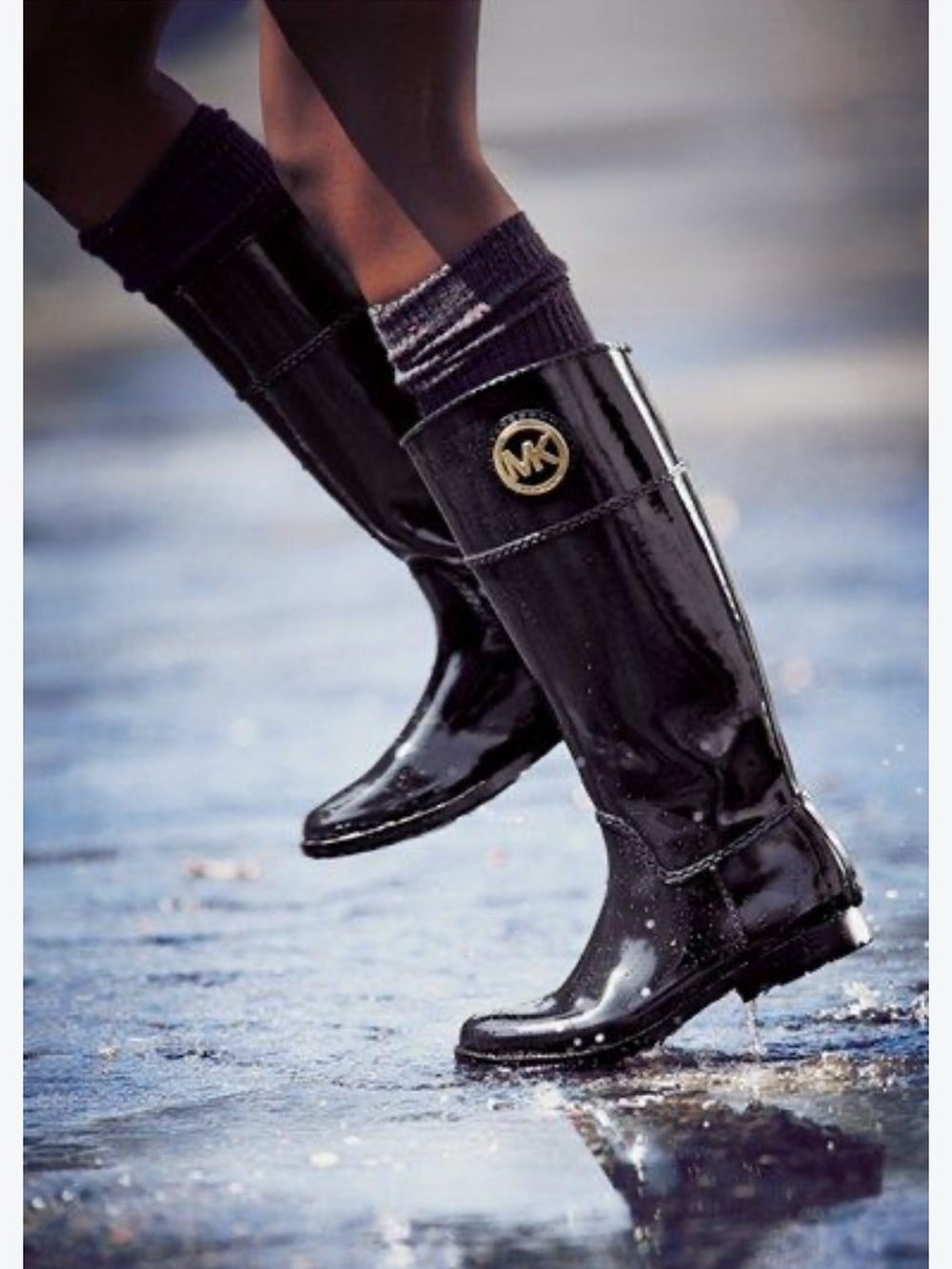 MK Michael Kors Logo Black Stockard Tall Rubber Rain Boots Rainboot